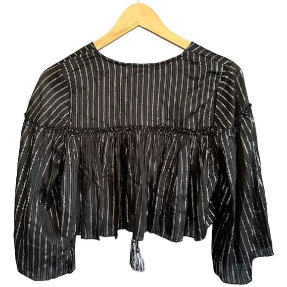 NSR Metallic Stripe Tassel Tie Front Ruffle Crop Top - Picture 6 of 10